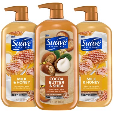 Suave Body Wash Variety Bundle &ndash; Milk &amp; Honey 2-Pack &amp; Cocoa Butter Shea, Gentle &amp; Moisturizing Body Washes with Vitamin E, 30 Oz Ea (3 Piece Set)