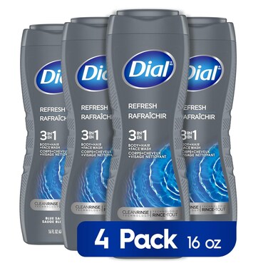 Dial Men 3in1 Body, Hair and Face Wash, Refresh, Blue Sage Scent, 16 fl oz, Pack of 4