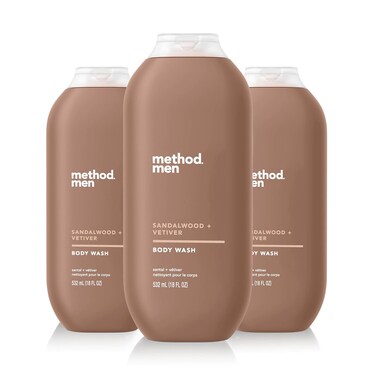 Method Men, Sandalwood + Vetiver Body Wash, 18oz (Pack of 3)