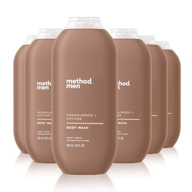 Method Men Body Wash, Sandalwood + Vetiver, Paraben and Phthalate Free, 18 FL Oz (Pack of 6)