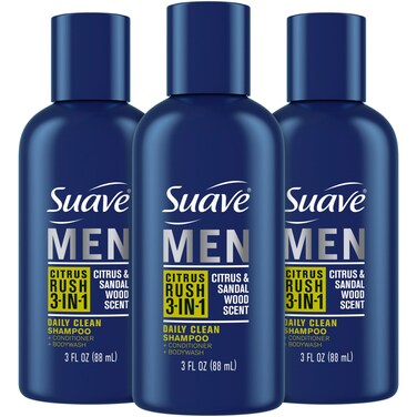 Suave Men Body Wash 3-in-1 Citrus Rush &ndash; Travel-Size Shampoo, Conditioner &amp; Body Soap All-in-One Formula with Keratin for Healthy Hair &amp; Skin, 3 Oz Ea (Pack of 3)