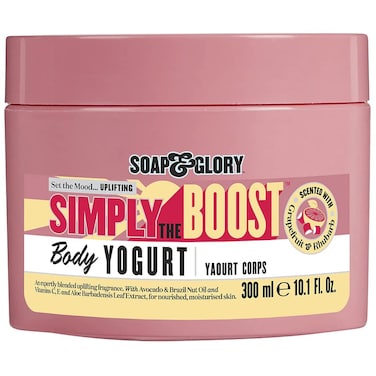 Soap &amp; Glory Simply The Boost Body Yogurt - Lightweight Nourishing Body Moisturizer &amp; Hydrating Skin Cream - Mood Boosting Grapefruit, Bergamot &amp; Rhubarb Body Cream for Refreshed Dry Skin (300ml)