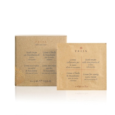 Prija Hand Cream Gift Pack with Macadamia Oil (Contains 10 x Sachets of Hand cream) - for Deep Hydration - Travel Size - Dermatologically Tested - 100% Natural Viscose - 100% Recycled Paper