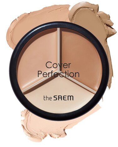 THE SAEM Cover Perfection Triple Pot Concealer &ndash; 3 Color Concealer with Full Coverage Natural Beige Shade Covers Blemishes Spots, Highlighter &amp; Contouring, 02 Contour Beige