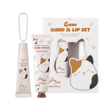 TONYMOLY x Squishmallow Easter Basket Stuffer Cam the Cat 2PC Hand Cream &amp; Lip Gloss Set, Coconut Milk Hand Cream, Frosted Milk Lip Gloss