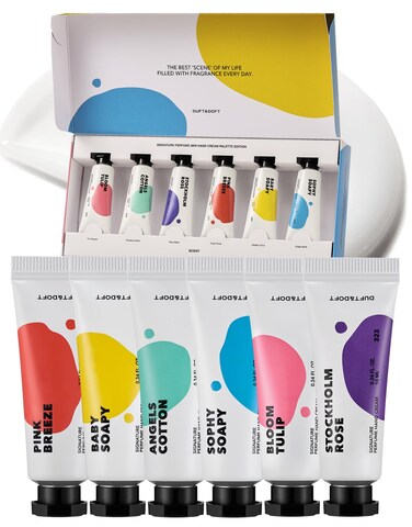 DUFT&amp;DOFT Mini Hand Cream Gift Set Pallete Edition - 6 Fragrances Had Moisturizer Non-Greasy With Shea Butter &amp; Collagen - Nourishing &amp; Hydrating Scented Cream - Pack Of 6 (0.3 Fl Oz)