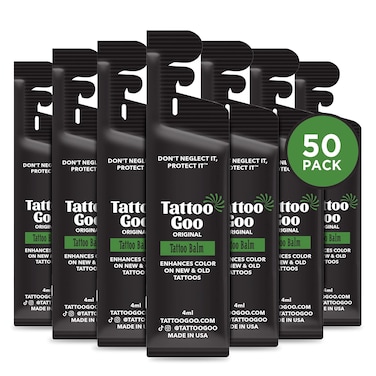 Tattoo Goo Original Aftercare Balm, Bulk Individually Packaged Natural Tattoo Balm with Beeswax and Cocoa Butter, Soothing Ointment, Brightening Care, 50 Travel Size Packets