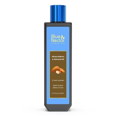Blue Nectar Saffron &amp; Almond Oil, Ayurveda Product for Crepey Skin   Skin Firming Body Oil for Stretch Marks (12 Herbs, 6.76 Fl Oz)