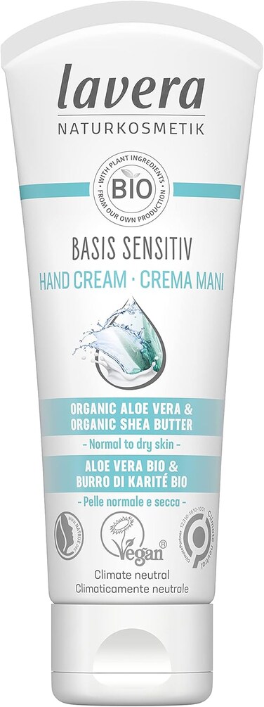 lavera Basis Sensitive Hand Cream - Hand Lotion with Organic Aloe Vera &amp; Shea Butter for Smooth Hands - Intensive &amp; Moisturizing Care - PETA Certified - Vegan - Made in Germany - 2.5 Fl Oz