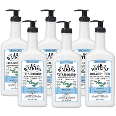 J.R. Watkins Daily Moisturizing Lotion &acirc;&euro;&ldquo; Body Cream in Pump Dispenser &acirc;&euro;&ldquo; Hydrating Skin Cream Made with Shea Butter, Cocoa Butter, Coconut Oil &amp; Vitamin E, Peppermint, 18 fl oz, 6 Pack