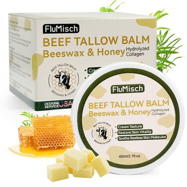 Beef Tallow Moisturizer, Tallow and Honey Balm for Skin, Grass Fed Beef with Whipped Tallow Balm, Organic Raw Honey and Beeswax, Moisturizing Cream for Body Skin Care (60ml/2.1fl.oz)