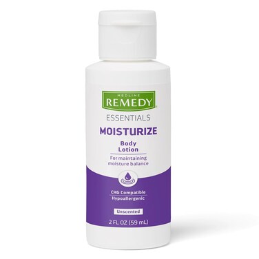 Medline Remedy Essentials Moisturizing Body Lotion (2 oz Bottle), Unscented, Travel-Size, Hydrating, Non-Greasy, For Dry Skin, Hypoallergenic, Men, Women, Elderly