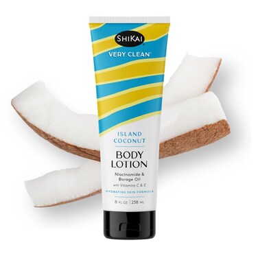 ShiKai Very Clean Body Lotion (Island Coconut, 8 oz)   Hydrating Skin Moisturizer for Dry Skin   With Niacinamide, Borage Oil, and Vitamin C &amp; E