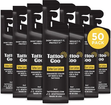 Tattoo Goo After Care Lotion, Moisturizing Natural Tattoo Lotion for Color Enhancement with Olive Oil, Healix Gold and Panthenol, Vegan and Petroleum-Free, 50 Travel Size Packets (Packaging May Vary)