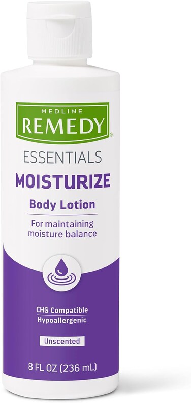 Medline Remedy Essential Moisturizing Body Lotion (8 oz Bottle), 36 Count, Unscented, Hydrating, Soothing For Dry Skin, Smooths &amp; Softens, Non-Greasy, Hypoallergenic, Men, Women, Elderly
