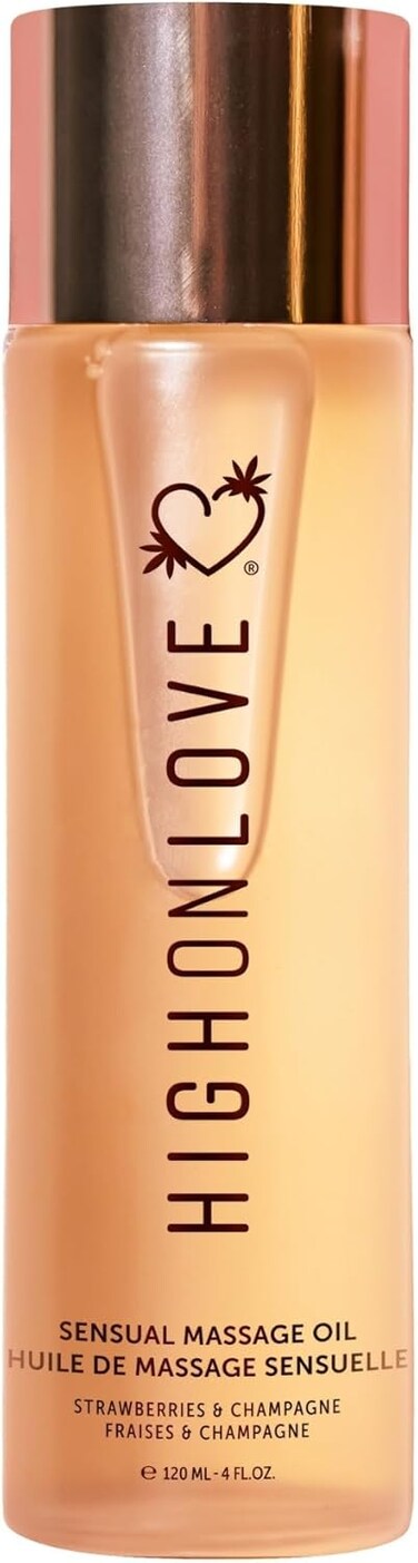 HIGHONLOVE Natural Body Oil with Hemp Seed, Grape Seed, and Vitamin E Oil - Moisturizing Body Oil, Non-Greasy, Glowy Finish (120 ml) (Strawberries &amp; Champagne)