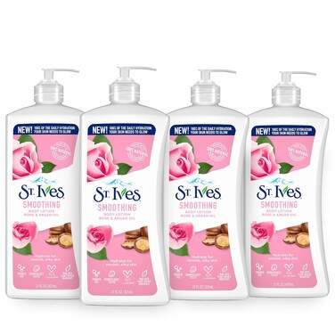 St. Ives Smoothing Hand &amp; Body Lotion for Women with Pump, Daily Moisturizer Rose and Argan Oil for Dry Skin, Made with 100% Natural Moisturizers, 21 fl oz, 4 Pack