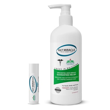 GLY MIRACLE Moisturizing Body Lotion Bundle 16 oz &amp; .15 oz Balm - Non-Greasy Skin Humectant for Extremely Dry Skin, Hands, Body, and Feet, Fragrance-Free with Glycerin and SPF30 Unflavored Lip Balm
