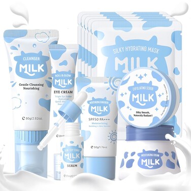 Skin Care Routine Set For Women, Anti Aging Milk Skin Care Gift Set For Acne, Wrinkles, Face Care Kit With Cleanser, Serum, Exfoliating Scrub, Cream, Eye Cream, Facial Mask, Deep Moisturizing