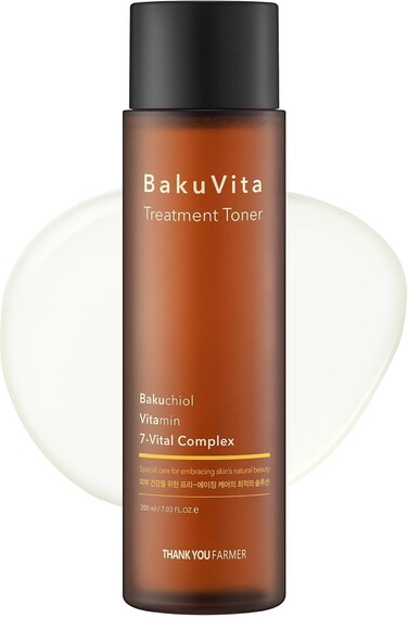 THANKYOU FARMER BakuVita Treatment Toner, Retinol Alternative Bakuchiol, Vitamin C+E Toner, Hydrating Toner, Slow Aging, Vegan Korean Toner for Face, 7.03 Fl oz (200ml)