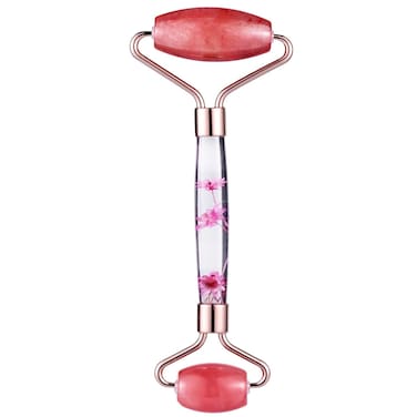 mookaitedecor Cherry Quartz Double Roller Face Massager for Women, Crystal Facial Skin Care Tool for Eye, Neck &amp; Face Anti-Aging Treatment Therapy