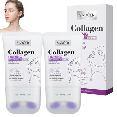Sadoer Neck Collagen Cream with Roller,Lift Neck Firming Cream, for Tightening and Firming Sagging Skin, Moisturizing Body Cream Reduces the Look of Fine Lines and Wrinkles (2PCS)