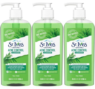 St. Ives Acne Control Face Cleanser Skin Care with 2% Salicylic Acid, and 100% Natural Tea Tree Extract 8 oz (Pack of 3)