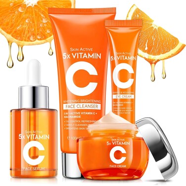 Vitamin C Skincare Set, 4PCS Travel Skincare Set With Facial Cleanser, Eye Cream, Serum &amp; Face Cream, Facial Skincare Set for Teen Girls and Women for Moisturizing, Anti-Aging, Anti-Wrinkle
