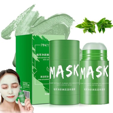 2pcs Green Tea Purifying Clay Face Mask,Green Tea Exfoliating Mask,Face Moisturizes Oil Control Shrink Pores Remove Anti-Acne,Deep Cleansing Solid Mud Mask for All Skin Types