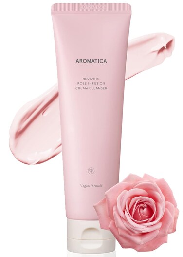 AROMATICA Reviving Rose Infusion Cream Cleanser 5.11oz /145g Double Cleanser, Hydrating Foaming cleanser for dry skin with Damask Rose Water and Rose Oil   Vegan, Cruelty Free