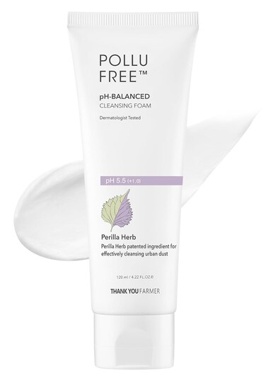 THANKYOU FARMER Pollufree pH-Balanced Cleansing Foam - Korean Face Wash for Sensitive Skin, Hyaluronic Acid Hydrating Facial Cleanser 4.22 fl.oz