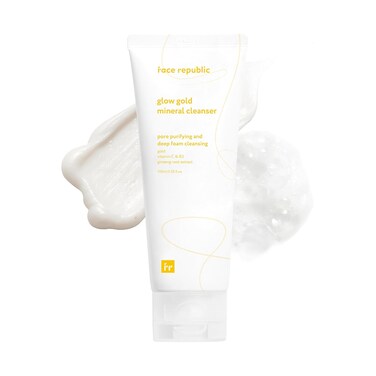Face Republic Glow Gold Mineral Cleanser 100ml 3.38 fl oz   Deep Pore Purifying Foam   Vitalizing for Dull Skin   Gold, Rice Bran, Ginseng, Vitamins, Niacinamide   Vegan Korean Skincare