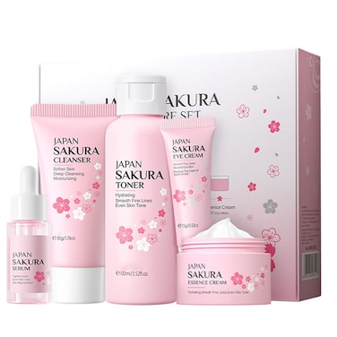 Skin Care Set for Women Girls, Cherry Blossoms Beauty Gift Sets Skin Care Kit with Cleanser, Face Serum, Face Cream,Toner,Eye Cream,Skin Care Routine Kit