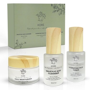 Kore Korean Skin Care Set&ndash;3-Piece Skincare Kit with Salicylic Acid Cleanser, Hydrating Toner &amp; Daily Moisturizer&ndash;Vegan &amp; PH Balancing Korean Skincare for Glass Skin&ndash;Skin Care Routine Kit for Women