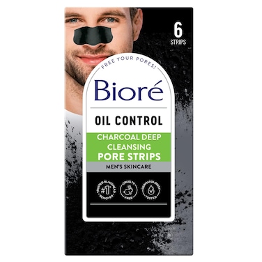 Bior&eacute; Charcoal Deep Cleansing Pore Strips for Men, Nose Strips for Blackhead Removal on Oily Skin, Features C-Bond Technology with Instant Pore Unclogging, 6 Count