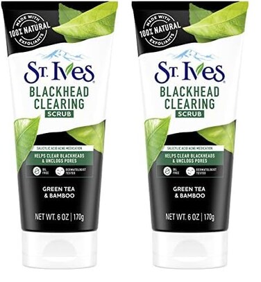 St. Ives Blackhead Clearing Face Scrub, Clears Blackheads &amp; Unclogs Pores, Green Tea &amp; Bamboo, Salicylic Acid Acne Treatment Facial Scrub, Moderate Exfoliator Skin Care with Natural Exfoliants 6 oz