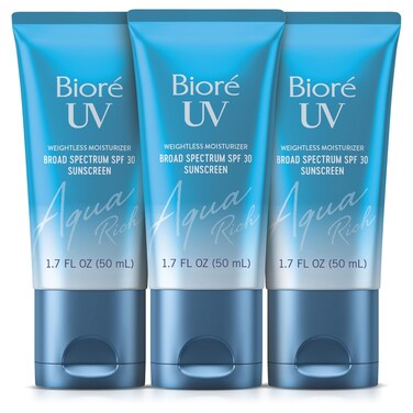 Biore UV Aqua Rich Daily Hydrating Facial Moisturizer with SPF 30 PA+++   Oil Free Sunscreen for Sensitive Skin with Hyaluronic Acid, Non-Comedogenic, Dermatologist Tested, 1.7 Oz/3 Pack