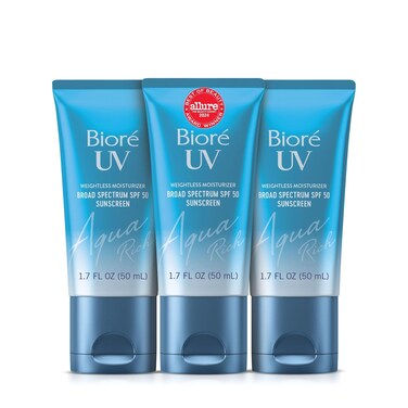 Biore UV Aqua Rich Daily Hydrating Facial Moisturizer with SPF 50 PA++++   Oil Free Sunscreen for Sensitive Skin with Hyaluronic Acid, Non-Comedogenic, Dermatologist Tested, 1.7 Oz/3 Pack