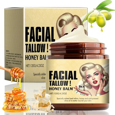 Whipped Beef Tallow and Honey Balm, Beef Tallow For Skin Care, Beef Tallow Face Moisturizer Grass Fed Grass Finished Face Cream, Organic Moisturizing Cream for Face &amp; Body Lotion Skin Care