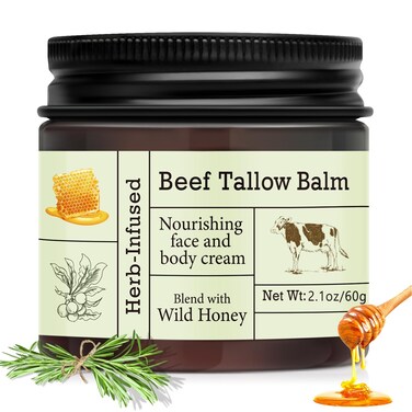 Beef Tallow For Skin, Beef Tallow and Honey Balm Face Moisturizer, Organic Grass Fed Tallow Deeply Nourishing for Face &amp; Body - Whipped Beef Tallow Skin Balm, Moisturizing Skin Care Cream for Dry Skin