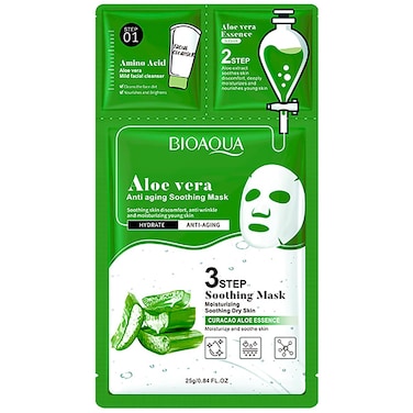 BIOAQUA 3 Step Facial Mask Amino Acid Cleanser Essence Lotion Face Mask 5x(0.8ml+0.8g+25g) (Aloe Vera Anti Aging Soothing Mask)