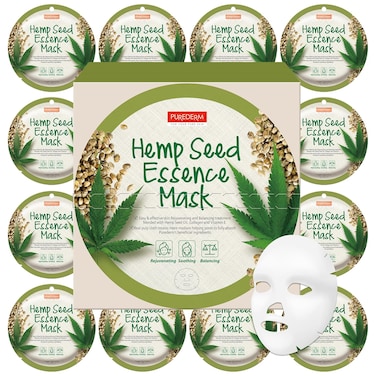 Purederm Hemp Seed Essence Mask (12 Pack) &ndash; Hemp Seed Oil, Collagen, and Vitamin E Effectively, Moisturize and Soothe the Skin