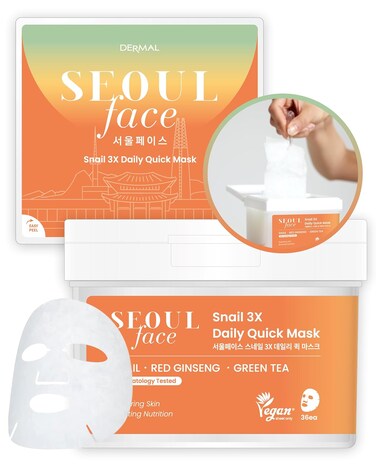 DERMAL Seoul Face Snail 3X Daily Quick Mask 36 Sheet &ndash; Korean Skincare Vegan Tencel Facial Masks - Skin Repairing, Anti Aging Face Mask Sheets with Ginseng Root, Green Tea Leaf Extract