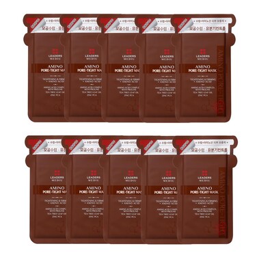 Leaders Mediu Amino Pore-Tight Facial Sheet Mask   Amino Acid Complex, Tea Tree Oil, Zinc PCA for Acne-Prone, Oily Skin, Minimizes Pores, Matte Finish (10 Sheets)