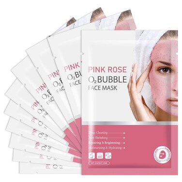 IREV Pack of 10 Pink Rose O2 Bubble Face Masks Skincare - Spa Gifts for Women - Bubble Face Sheet Mask Cleaner Foaming Purifying Facial Mask for Acne and Pores Moisturizing Beauty Sheet Masks