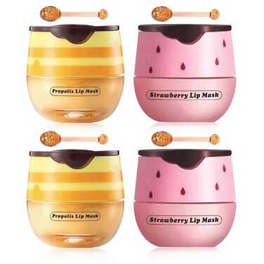 4 Pcs Strawberry &amp; Honey Lip Balm, Vitamin E Lip Masks Moisturizing Propolis Sleeping Lip Mask, Hydrating &amp; Prevention Dry and Cracked Lip Scrubs Exfoliator (2 Pack Strawberry + 2 Pack Honey)