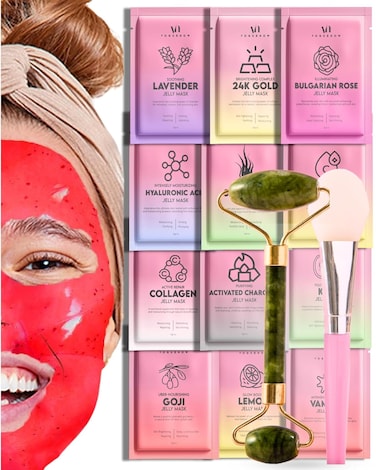 Jelly Mask for Facials - 12 Flavors Hydrating &amp; Brightening Jelly Face Masks   Free Jade Roller &amp; Spatula  Bulgarian Rose, Lavender, Hyaluronic Acid 24K Gold face mask   International Womens Day Gifts