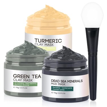 Turmeric Vitamin C Face Mask Set, Dead Sea Mud Mask &amp; Green Tea Clay Mask for Deep Cleansing, Oil Control, Pore Minimizing, Acne Reduction   2.5 OZ Each
