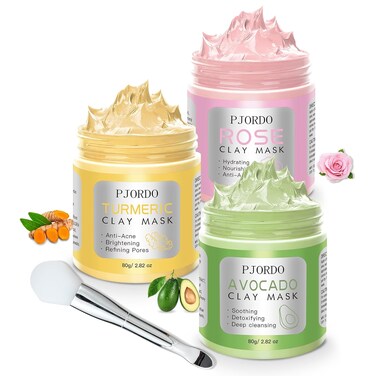 Clay Mask Kit, Mothers Day Spa Gifts for Wife, Turmeric Vitamin C Clay Mask, Avocado Clay Mask, Rose Clay Mask, Facial Skin Care Set for Deep Cleaning Reduce Blackheads Dark Spots, 2.82 Oz Each