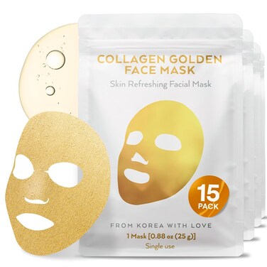 Korean Collagen Face Mask 15 PACK - 24K Gold Face Mask Skin Care - Premium Alternative to Korean Sheet Masks - Deep Collagen Mask For Face, Skin - Hydrating Face Masks Skincare - Korean Face Mask Set